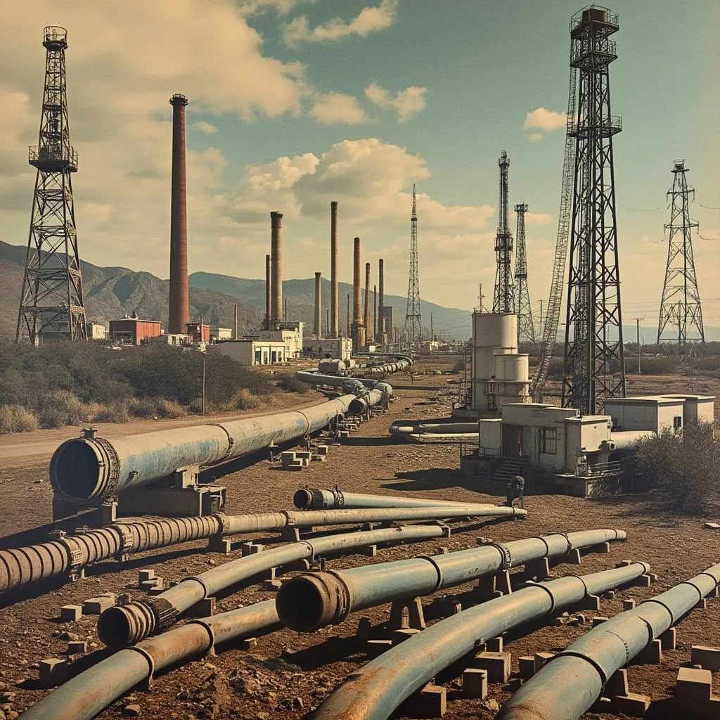 Montaje de imágenes históricas y modernas de la industria energética argentina