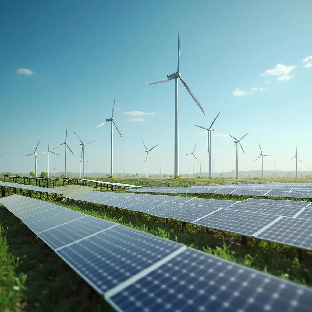 Campo de paneles solares y turbinas eólicas